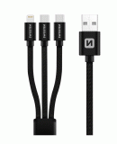 SWISSTEN DATOVÝ KABEL TEXTILE 3in1 1,2 M, Lightning, 2x USB-C, ČERNÁ