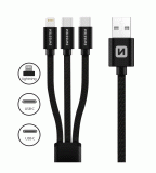 SWISSTEN DATOVÝ KABEL TEXTILE 3in1 1,2 M, Lightning, 2x USB-C, ČERNÁ