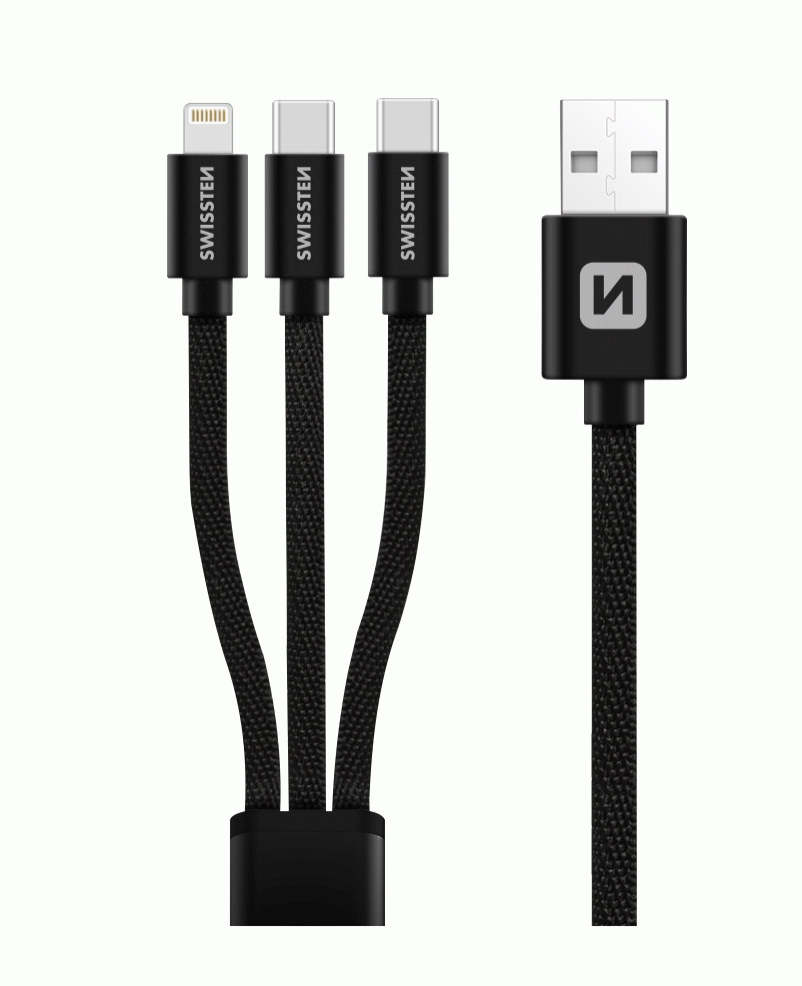 SWISSTEN DATOVÝ KABEL TEXTILE 3in1 1,2 M, Lightning, 2x USB-C, ČERNÁ