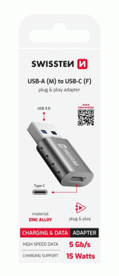 ADAPTER SWISSTEN USB-A(M)/USB-C(F), ČERNÁ