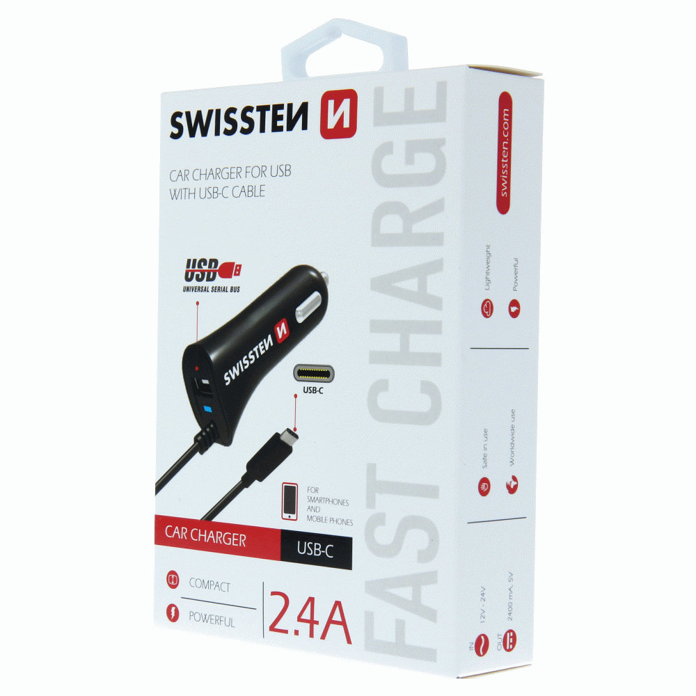 AUTONABÍJEČKA SWISSTEN CL USB-C A USB 2,4A POWER, ČERNÁ