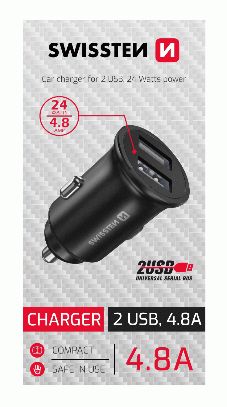 ADAPTÉR SWISSTEN CL 2x USB 4,8A METALM, ČERNÁ