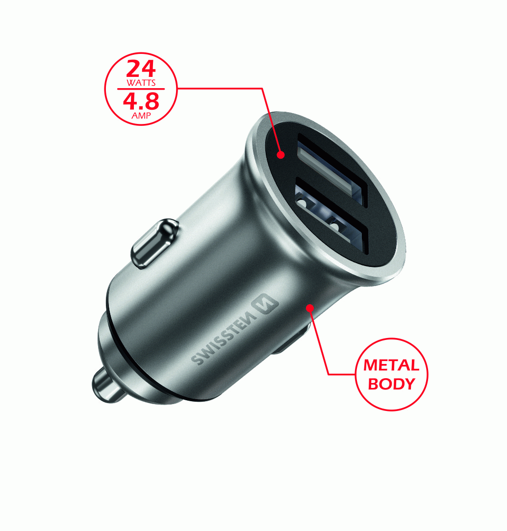 ADAPTÉR SWISSTEN CL 2x USB 4,8A METAL SILVER