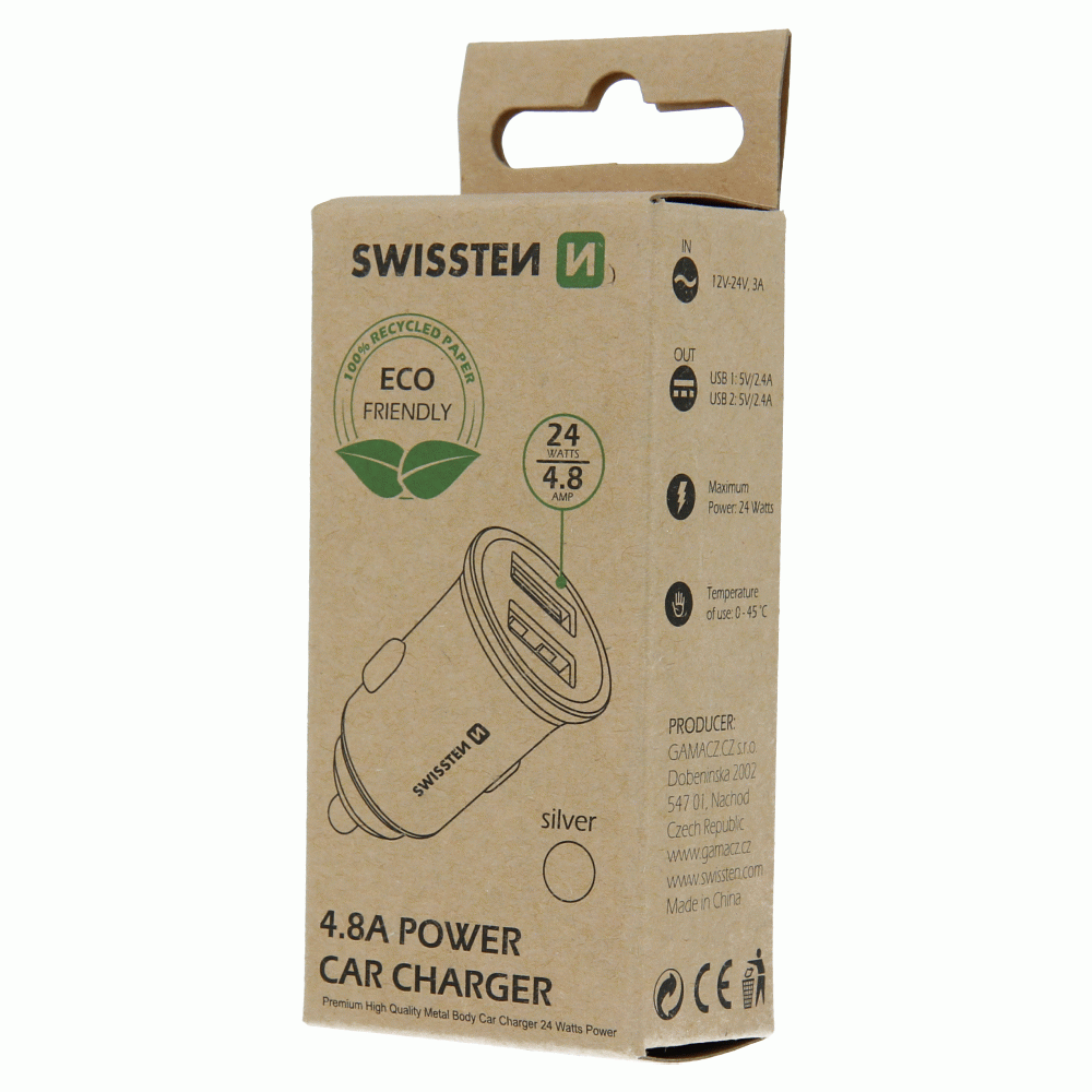 ADAPTÉR SWISSTEN CL 2x USB 4,8A METAL SILVER