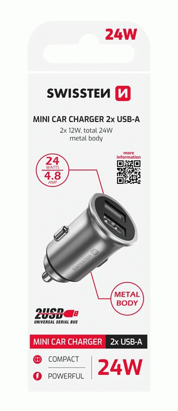 ADAPTÉR SWISSTEN CL 2x USB 4,8A METAL, STŘÍBRNÁ
