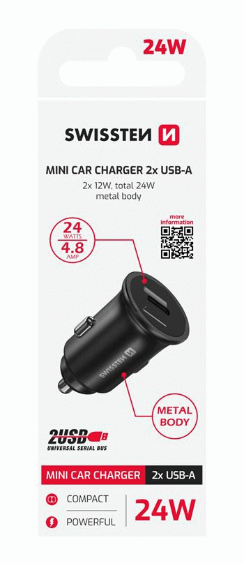 ADAPTÉR SWISSTEN 2x USB 4,8A METAL, ČERNÁ