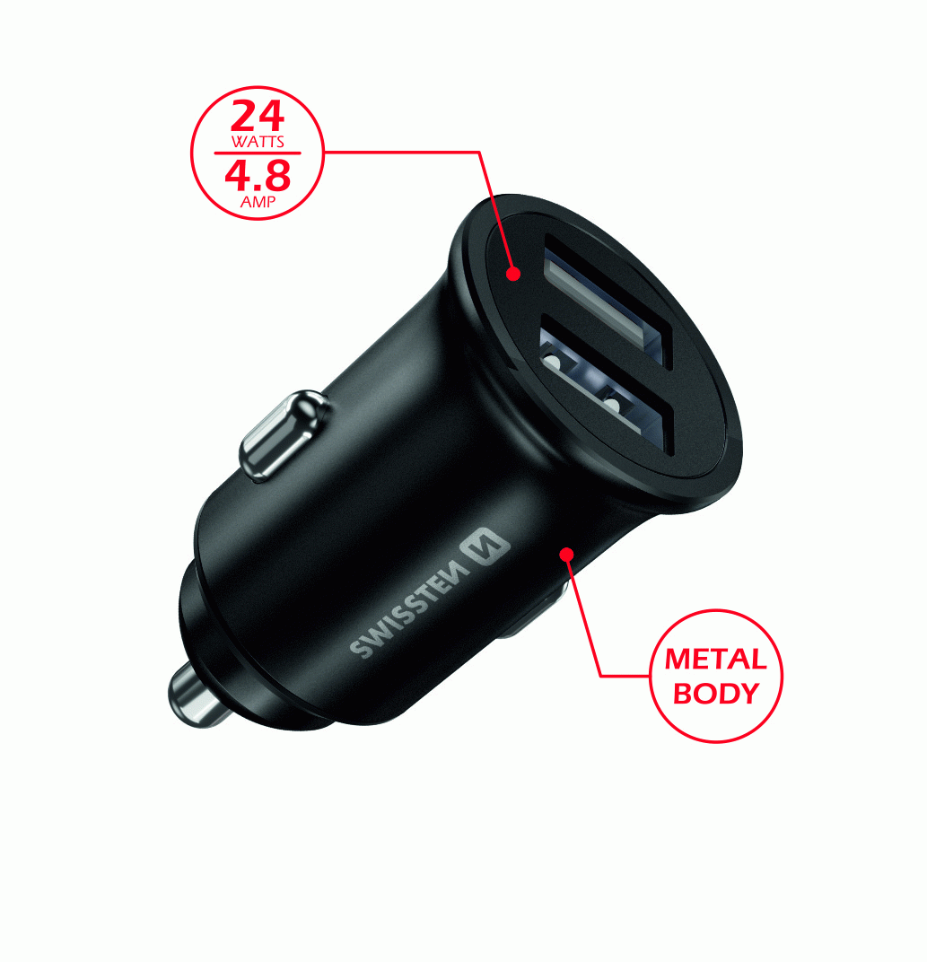 ADAPTÉR SWISSTEN 2x USB 4,8A METAL, ČERNÁ