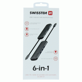 SWISSTEN USB-C HUB 6-IN-1 USB-C PD, 3X USB 3.0, SD, MICRO SD ALUMINIUM
