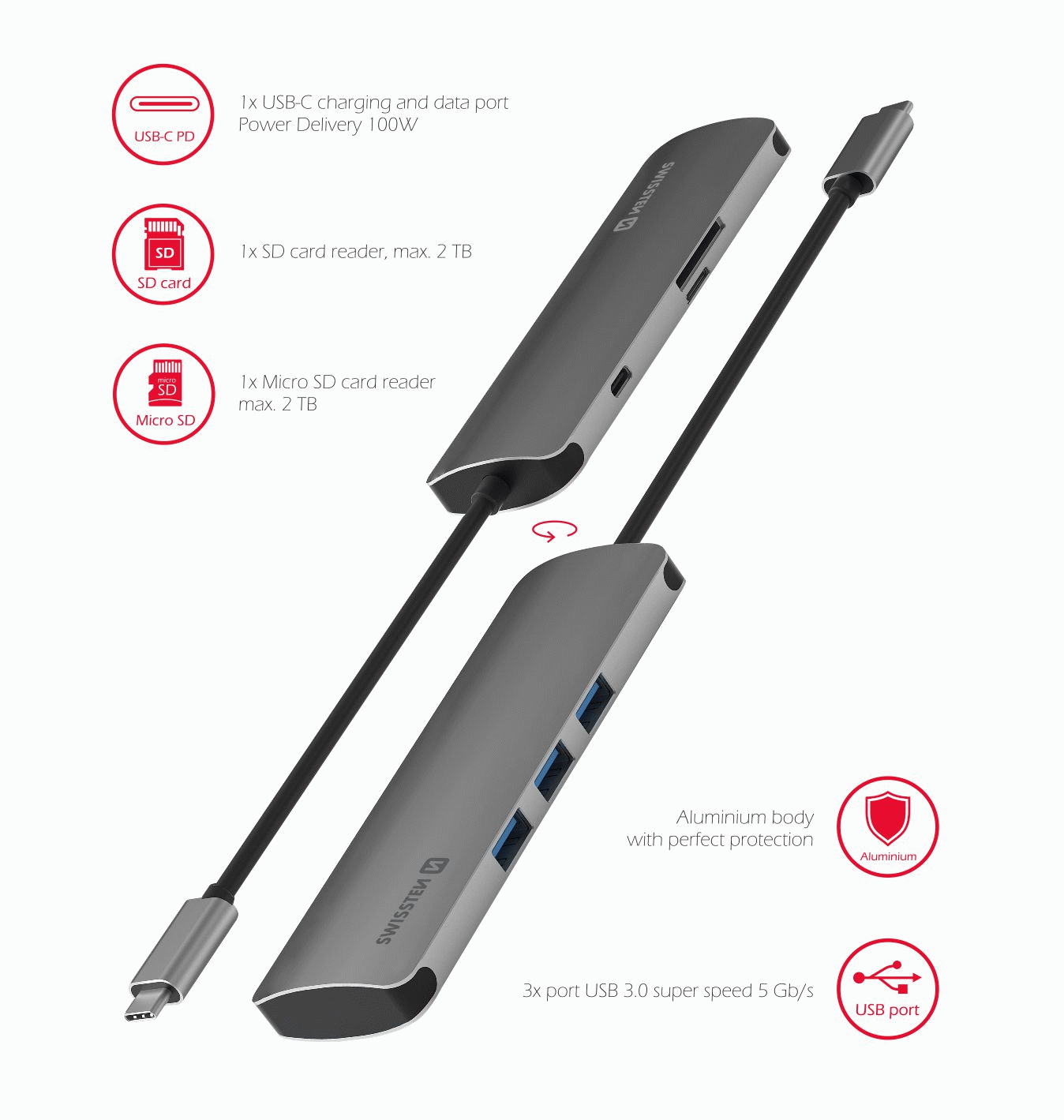 SWISSTEN USB-C HUB 6-IN-1 USB-C PD, 3X USB 3.0, SD, MICRO SD ALUMINIUM