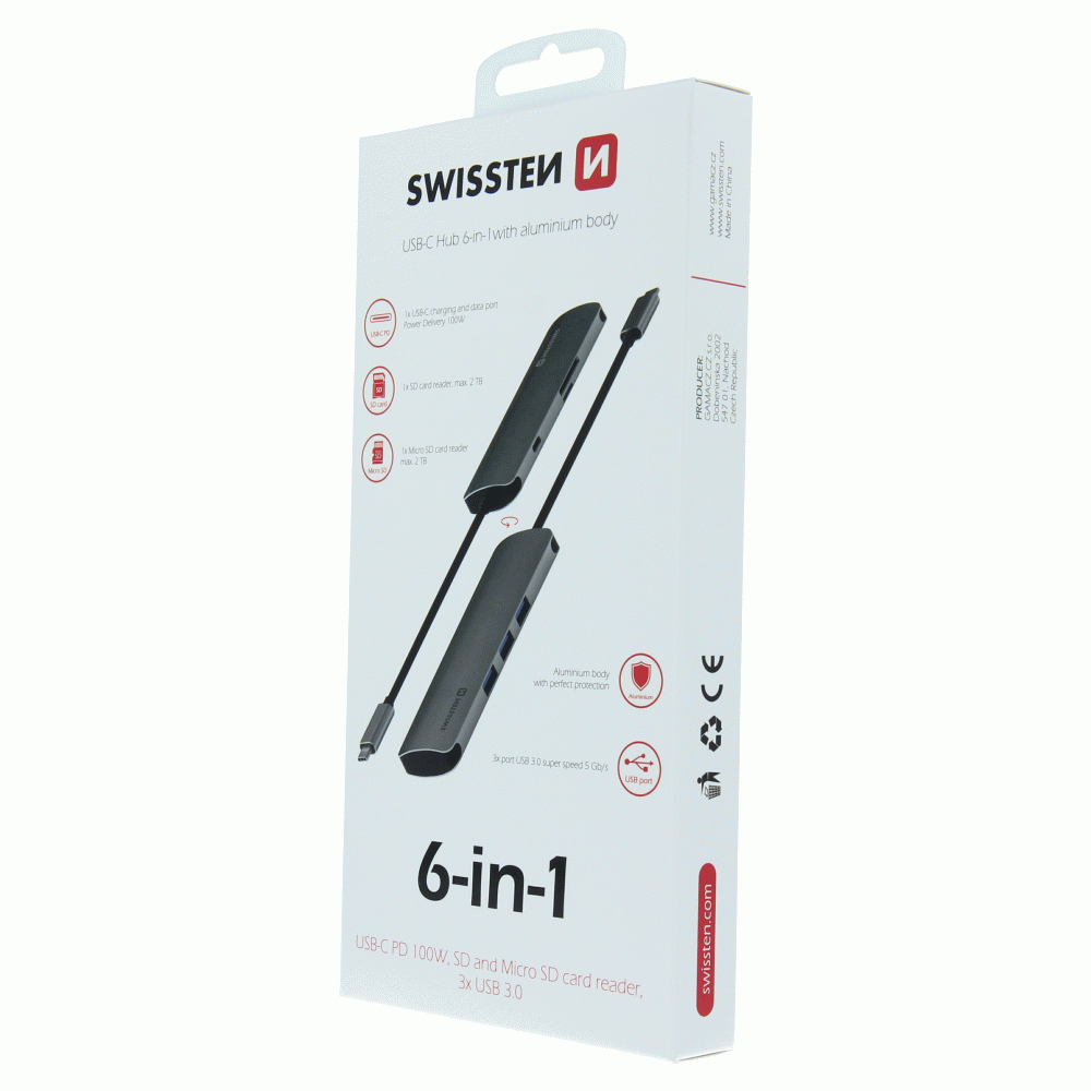 SWISSTEN USB-C HUB 6-IN-1 USB-C PD, 3X USB 3.0, SD, MICRO SD ALUMINIUM