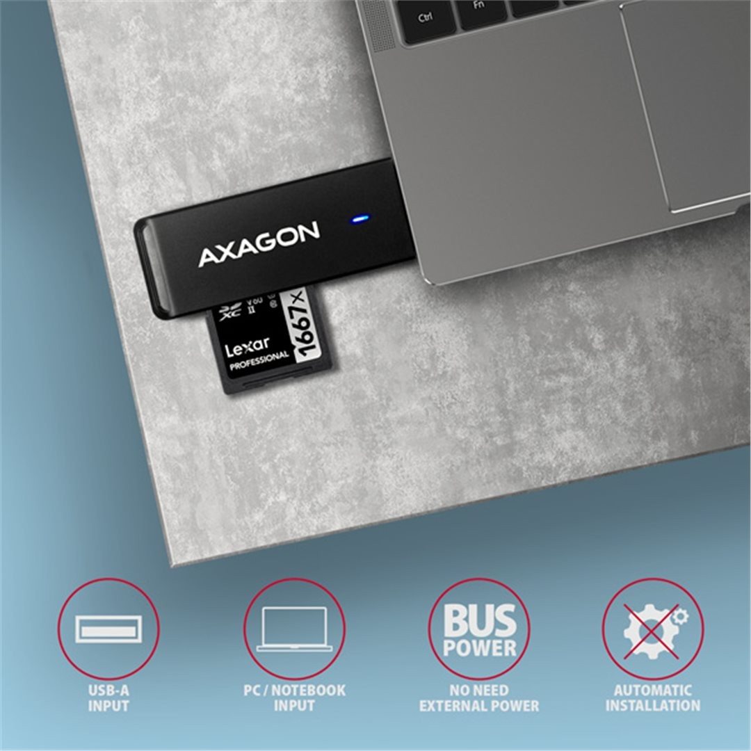 Čtečka karet AXAGON CRE-S2N, USB-A 3.2 Gen 1 - SUPERSPEED, 2-slot & lun SD/microSD, podpora UHS-I