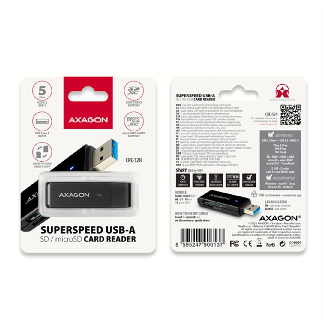 Čtečka karet AXAGON CRE-S2N, USB-A 3.2 Gen 1 - SUPERSPEED, 2-slot & lun SD/microSD, podpora UHS-I