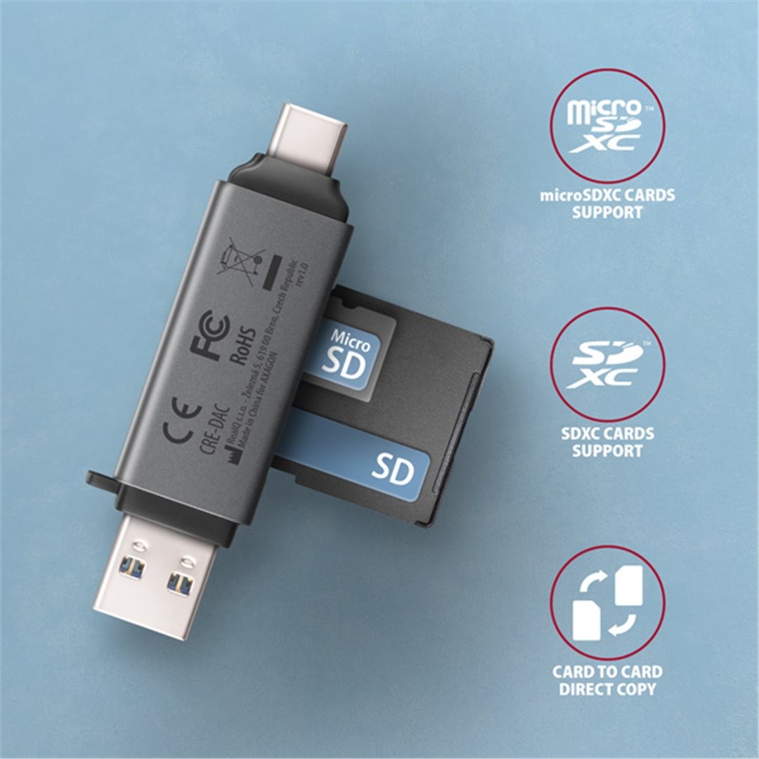MINI čtečka karet AXAGON CRE-DAC, USB-C + USB-A, 5 Gbps - 2-slot & lun SD/microSD, podpora UHS-I