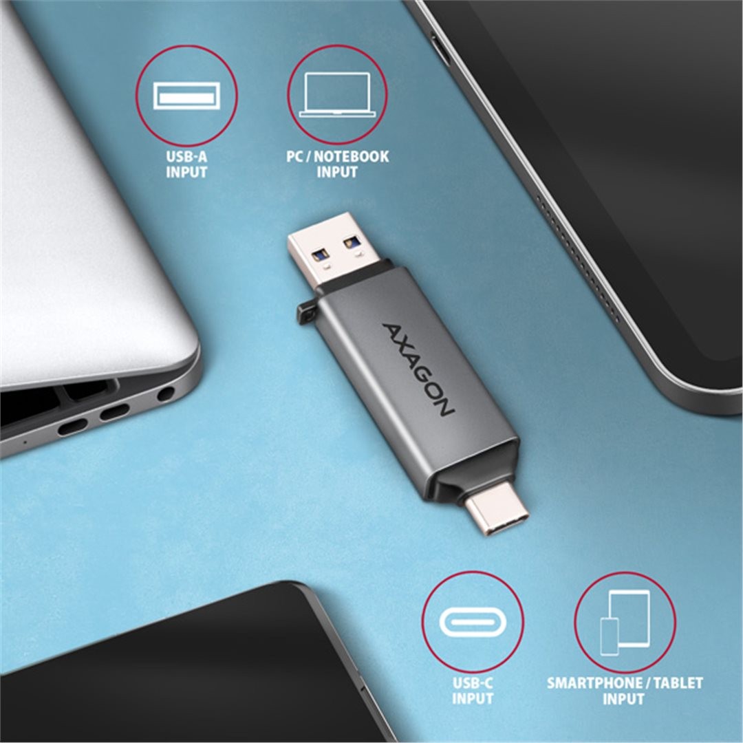 MINI čtečka karet AXAGON CRE-DAC, USB-C + USB-A, 5 Gbps - 2-slot & lun SD/microSD, podpora UHS-I
