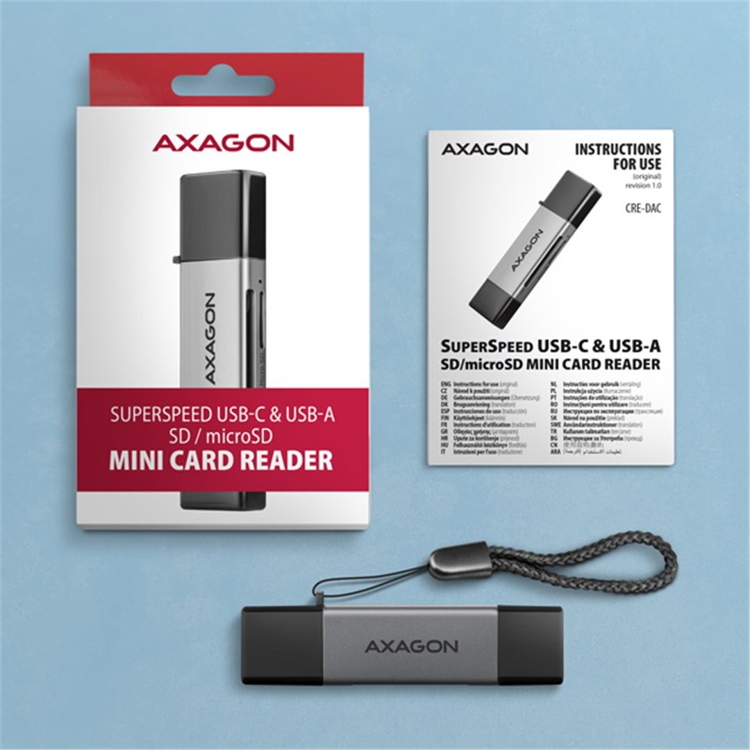 MINI čtečka karet AXAGON CRE-DAC, USB-C + USB-A, 5 Gbps - 2-slot & lun SD/microSD, podpora UHS-I