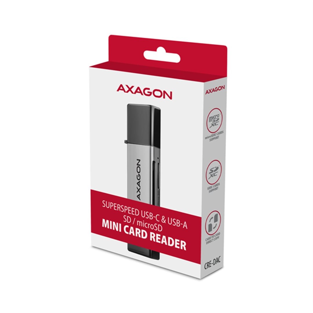 MINI čtečka karet AXAGON CRE-DAC, USB-C + USB-A, 5 Gbps - 2-slot & lun SD/microSD, podpora UHS-I