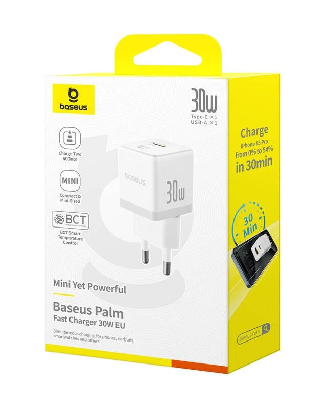 Nabíječka USB-A + USB-C Baseus Palm Fast 30W, bílá