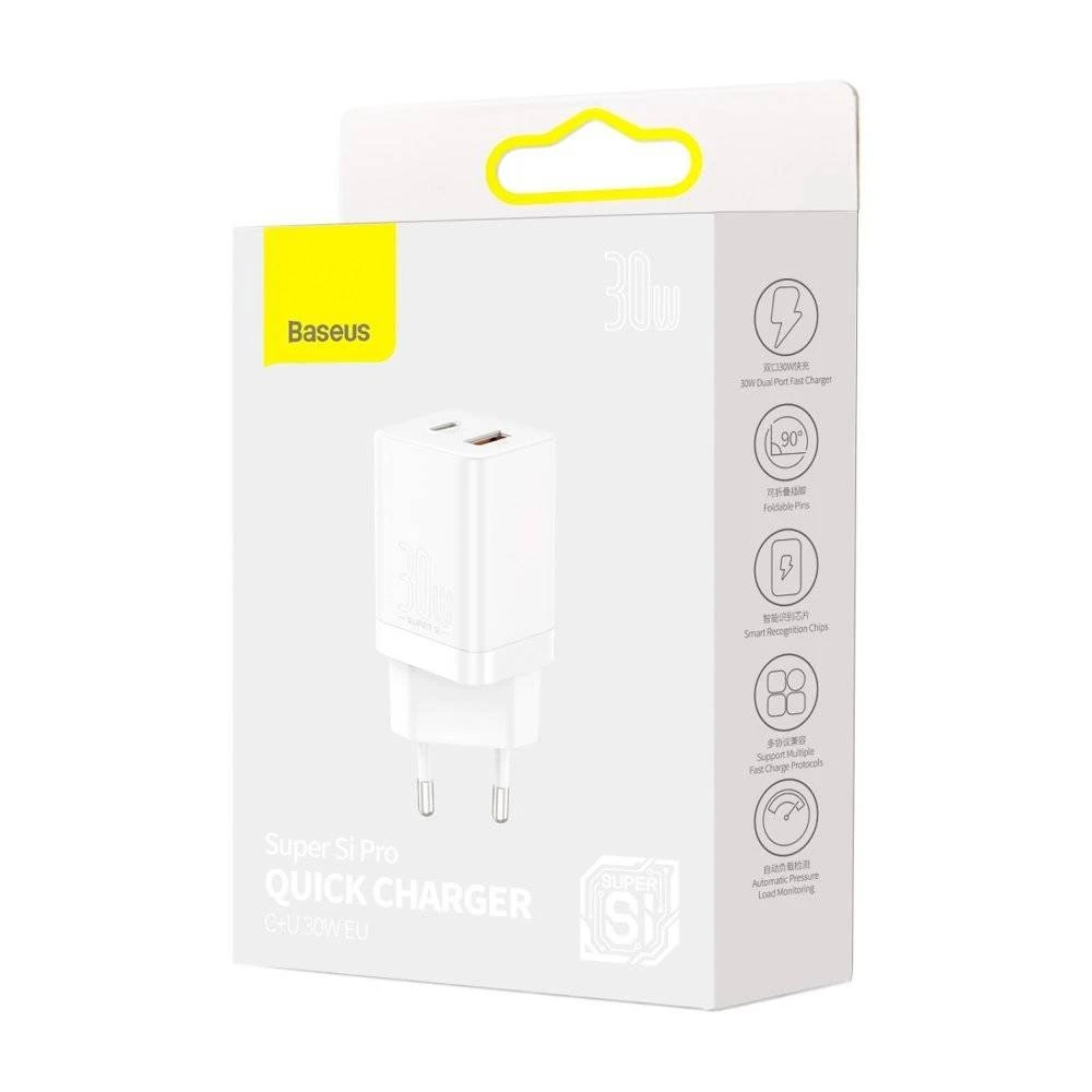 Nabíječka USB + USB-C Baseus CCSUPP-E02 Super Si Quick 30W, bílá