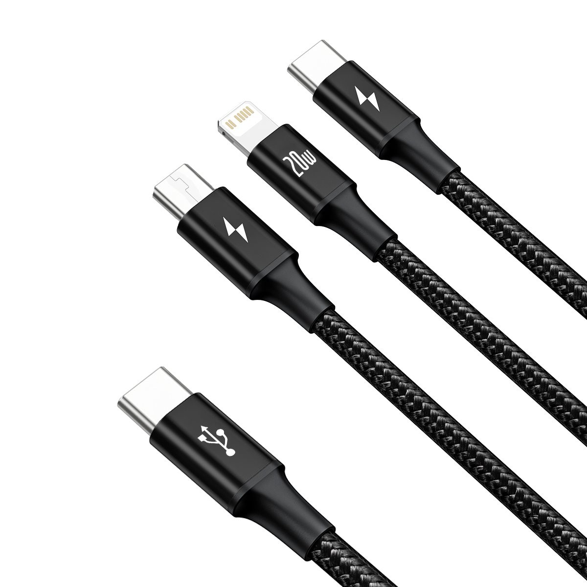 Datový kabel Baseus Rapid Series 3v1 Fast Charging USB-C - USB-C/Lightning/MicroUSB 20W 1.5m, černá