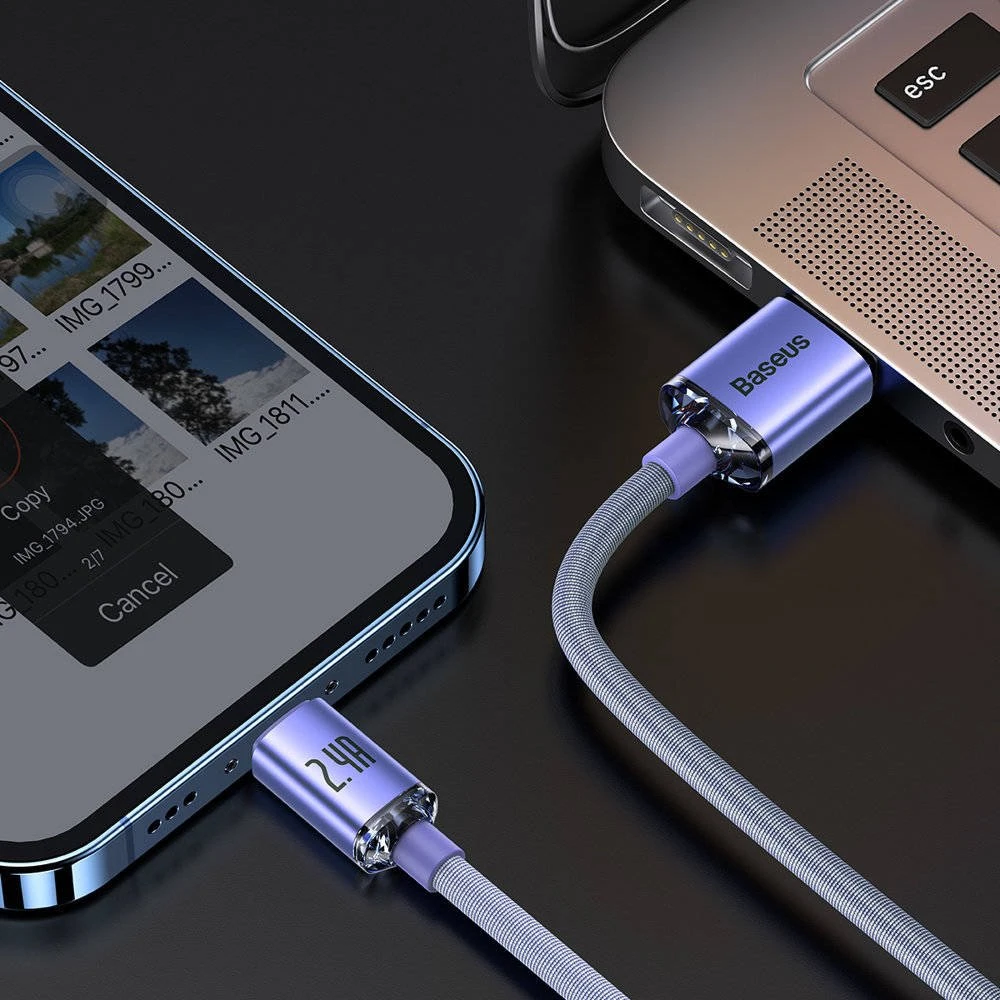 Datový kabel Baseus CAJY000005 Crystal Shine Series USB - Lightning 20W 1,2m, fialová