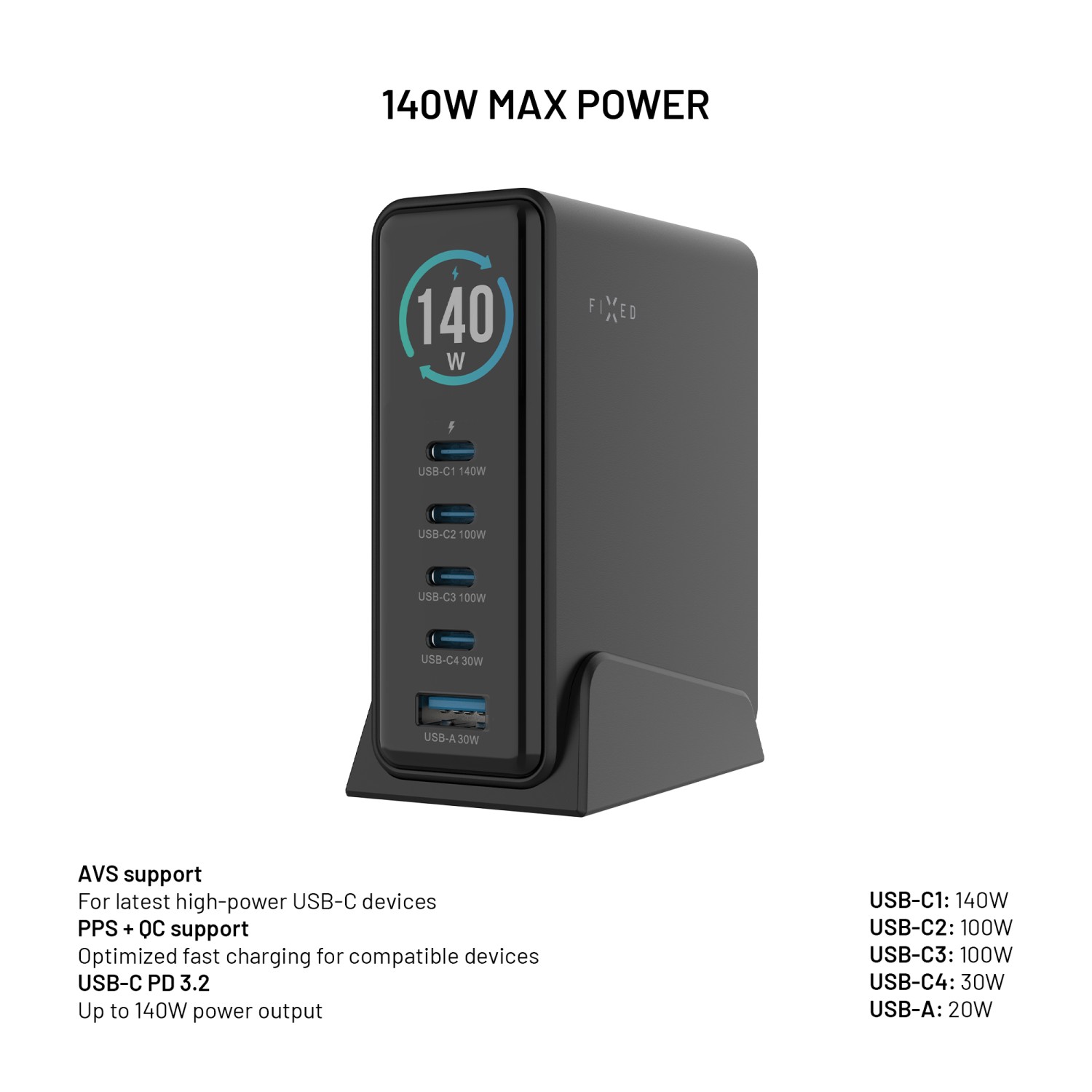 Dokovací GaN stanice FIXED s displejem, 4x USB-C a USB, PD 3.2, 140W, černá