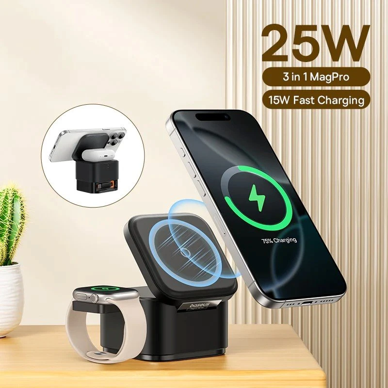 Magnetická bezdrátová nabíječka Baseus MagPro 3v1 25W Cosmic, černá