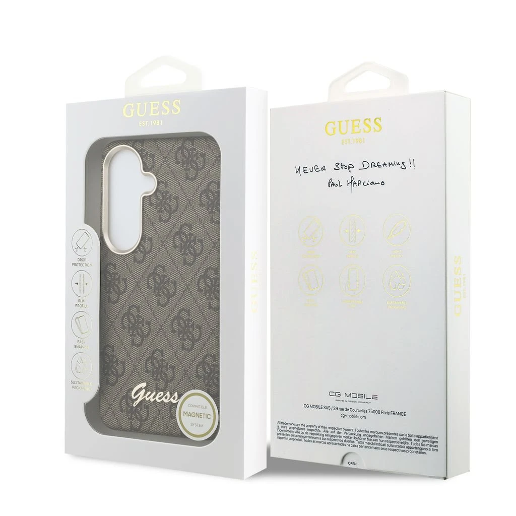 Guess PU 4G Script Metal Logo Magnetic Zadní Kryt pro Samsung Galaxy S26 Brown