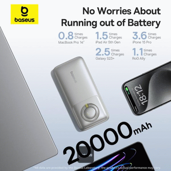 Powerbanka Baseus Free2Pull 20000mAh, 65W, s kabelem USB-C, šedá