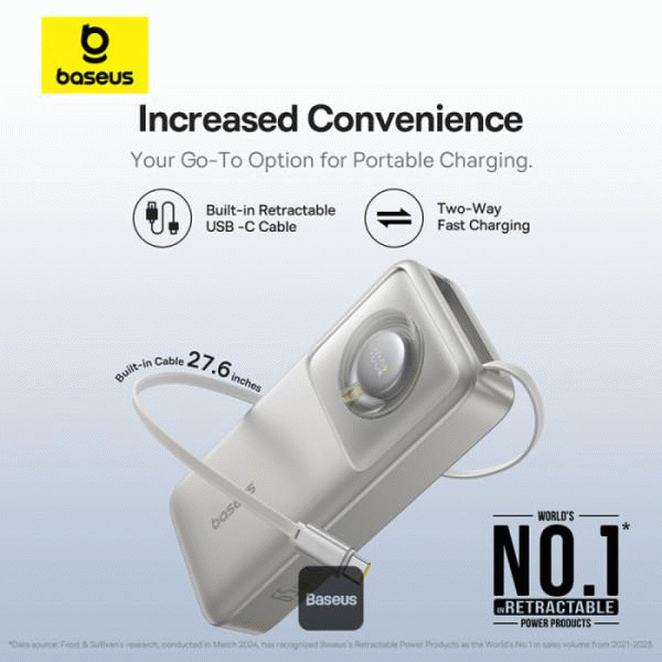 Powerbanka Baseus Free2Pull 20000mAh, 65W, s kabelem USB-C, šedá