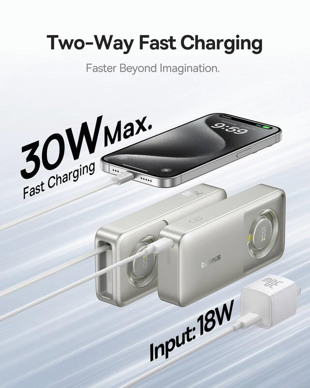 Powerbanka Baseus OS Free2Pull 10000mAh, 30W, s kabelem USB-C, šedá
