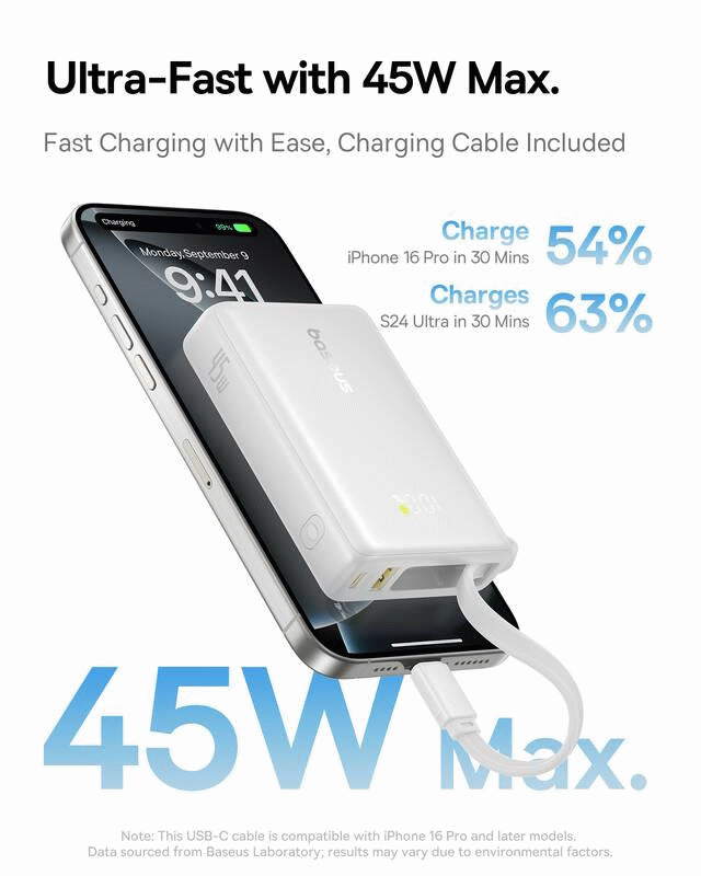 Powerbanka Baseus PicoGo 10000mAh, 45W, s kabelem USB-C, bílá