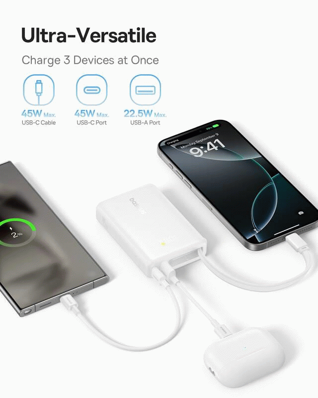 Powerbanka Baseus PicoGo 10000mAh, 45W, s kabelem USB-C, bílá