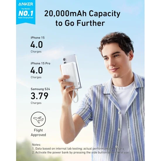 Powerbanka Anker Zolo 20000mAh, 22,5W s kabelem USB-C, bílá