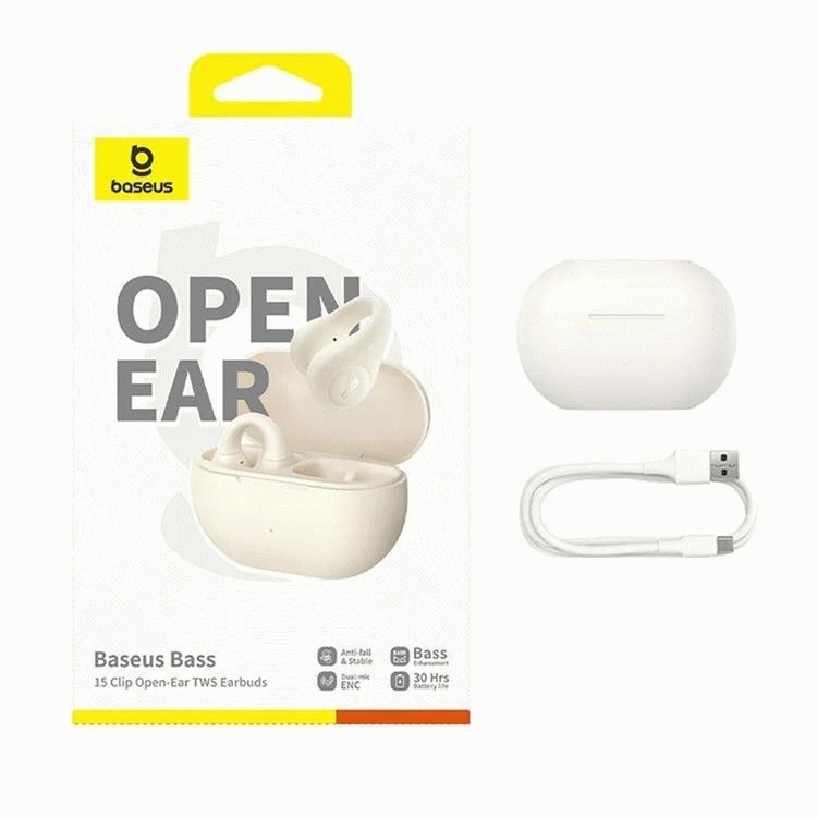 Bluetooth sluchátka Baseus Bass 15 Clip Open Ear, bílá
