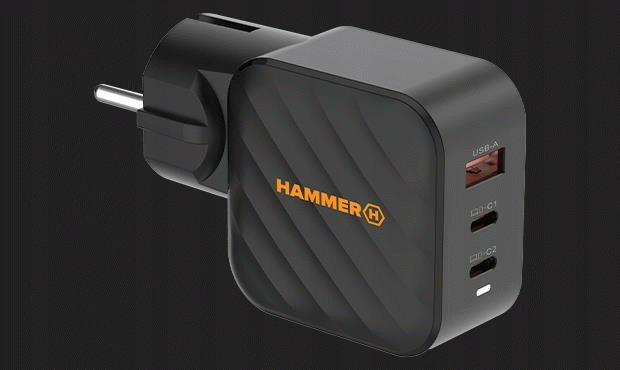 Nabíječka do sítě Hammer RapidCharge 65W, 1xUSB, 2xUSB-C, černá