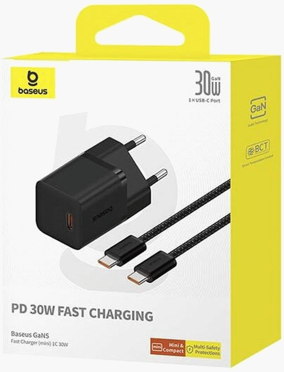 Nabíječka do sítě Baseus GaN5 30W s USB-C/USB-C kabelem 100W 1m, 1xUSB-C, černá