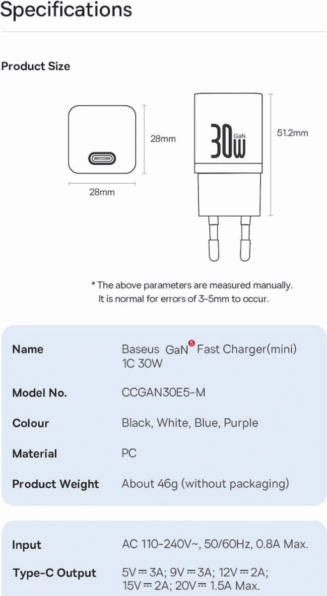 Nabíječka do sítě Baseus GaN5 30W s USB-C/USB-C kabelem 100W 1m, 1xUSB-C, černá