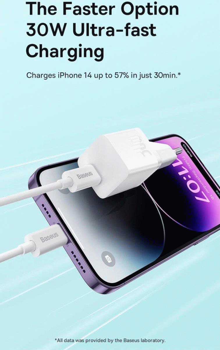 Nabíječka do sítě Baseus GaN5 30W s USB-C/USB-C kabelem 100W 1m, 1xUSB-C, černá