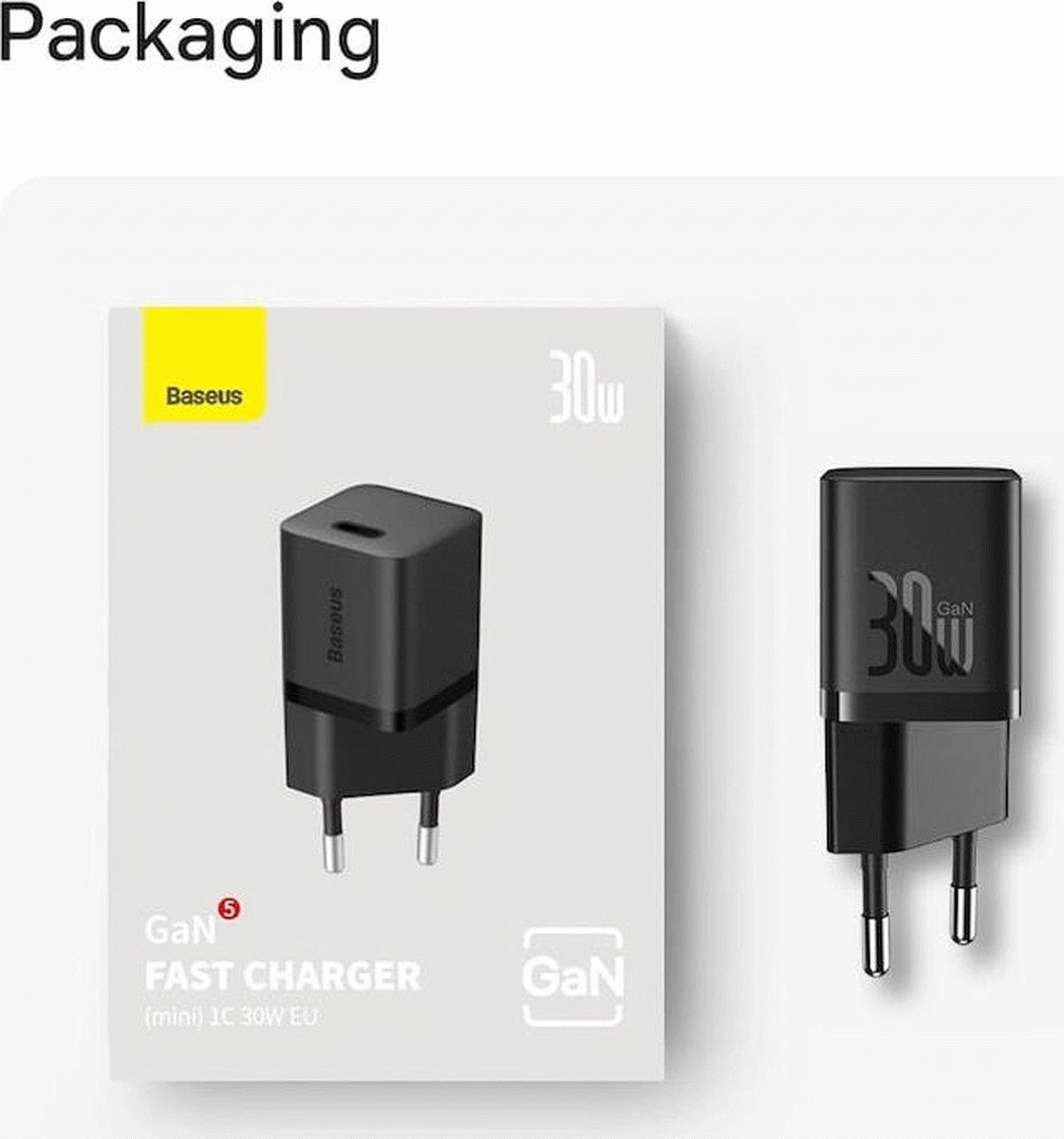 Nabíječka do sítě Baseus GaN5 30W s USB-C/USB-C kabelem 100W 1m, 1xUSB-C, černá