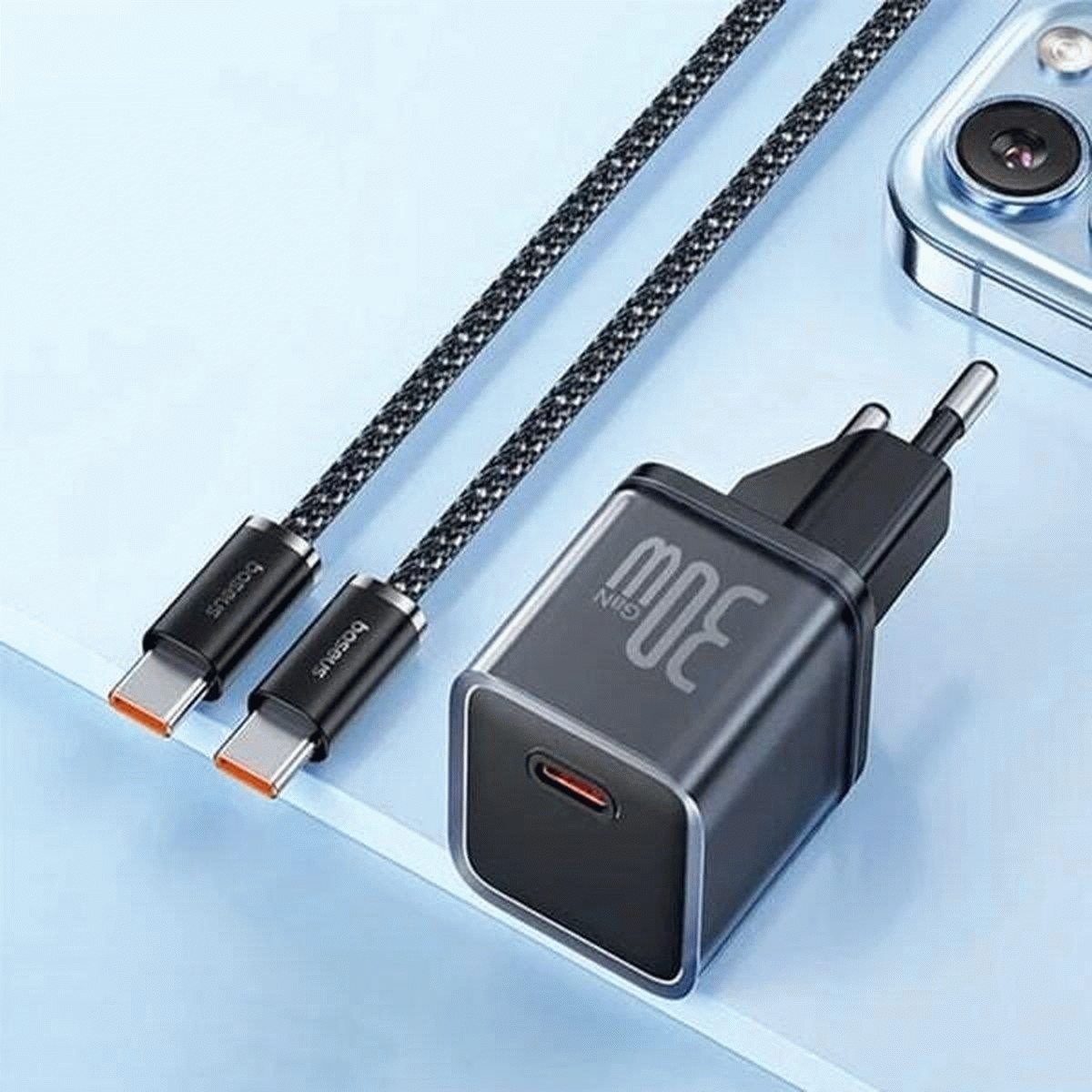 Nabíječka do sítě Baseus GaN5 30W s USB-C/USB-C kabelem 100W 1m, 1xUSB-C, černá
