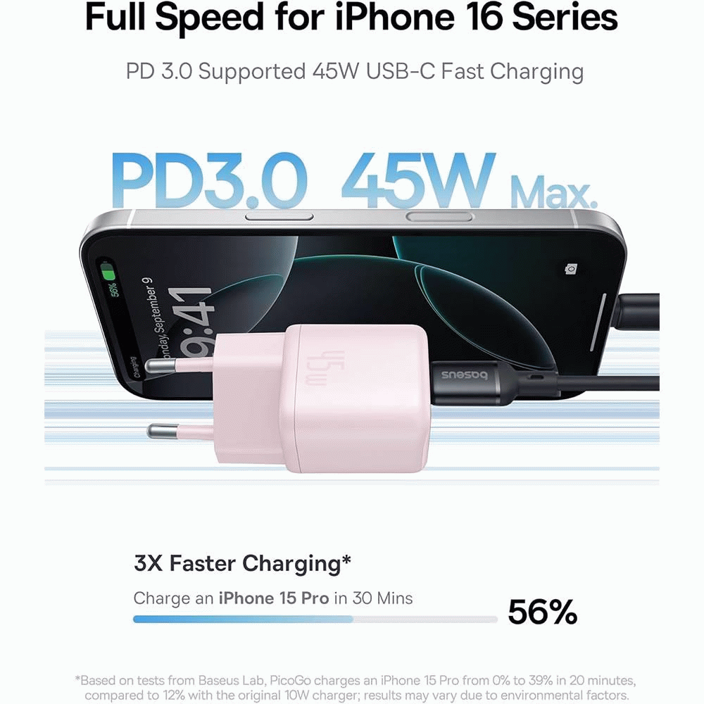 Nabíječka do sítě Baseus PicoGo 45W, 1xUSB-C, růžová