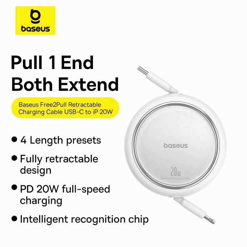 Navíjecí kabel Baseus Free2Pull USB-C/Lightning s nastavitelnou délkou až 1m 20W, bílá