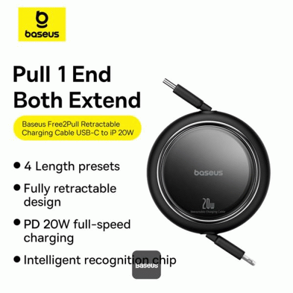 Navíjecí kabel Baseus Free2Pull USB-C/Lightning s nastavitelnou délkou až 1m 20W, černá