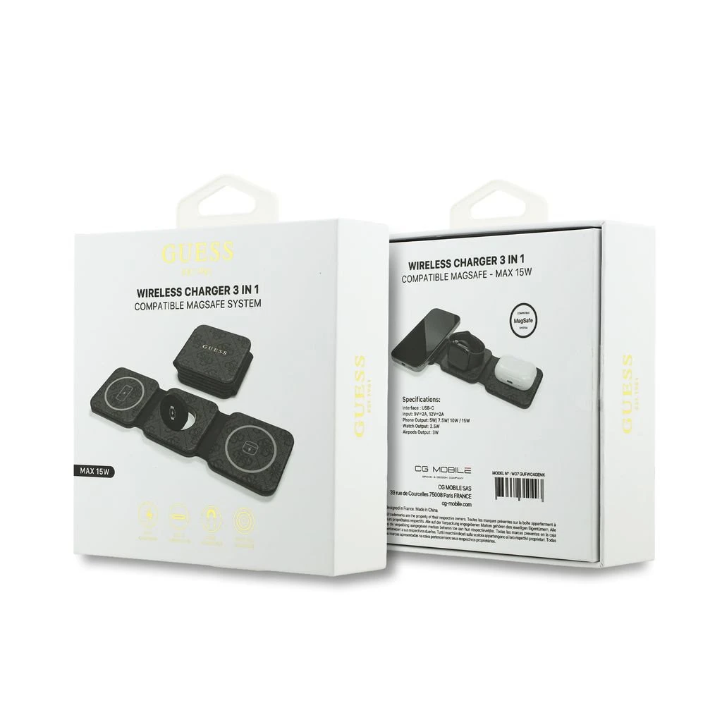 Guess PU 4G MagSafe Bezdrátová Nabíječka 3v1 Black