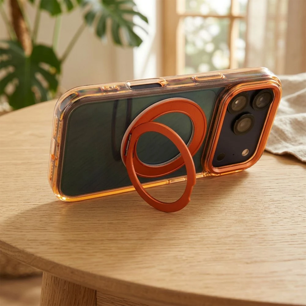Case for iPhone 17 Pro Max / 18 Pro Max ( low camera edge) Frame Circle Stand compatible with MagSafe orange