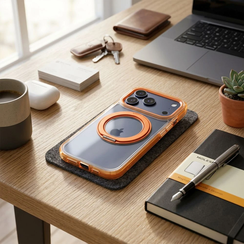 Case for iPhone 17 Pro Max / 18 Pro Max ( low camera edge) Frame Circle Stand compatible with MagSafe orange