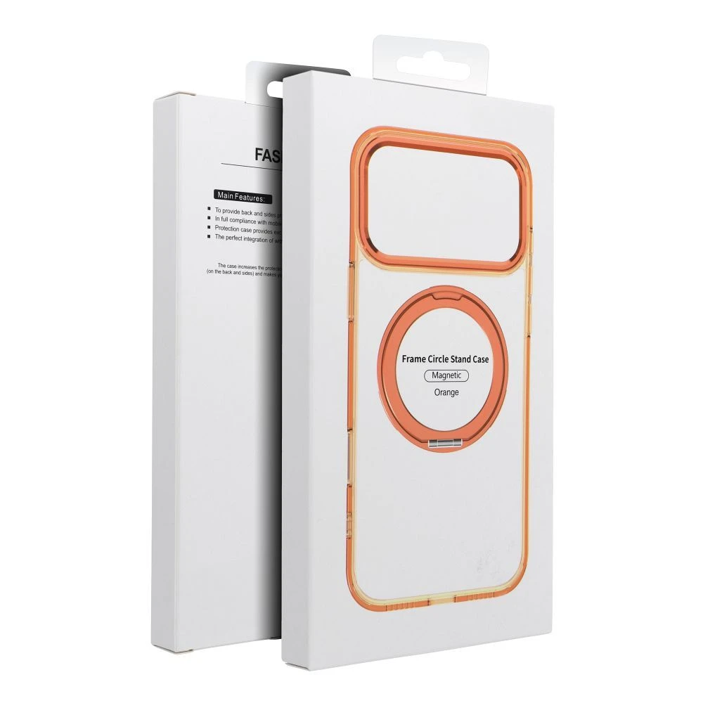 Case for iPhone 17 Pro Max / 18 Pro Max ( low camera edge) Frame Circle Stand compatible with MagSafe orange