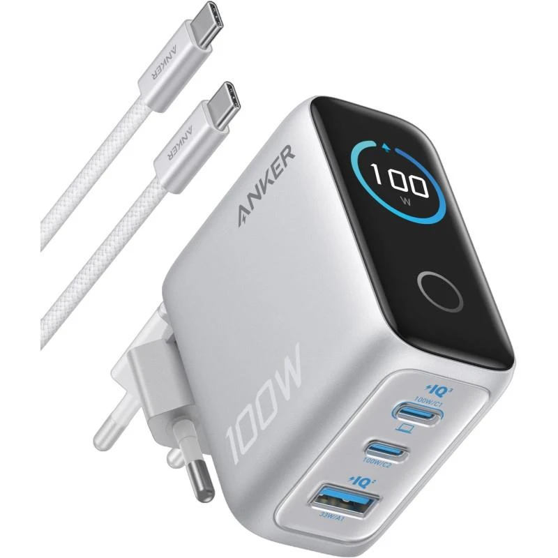 Nabíječka do sítě Anker 100W, 2xUSB-C, 1xUSB, stříbrná