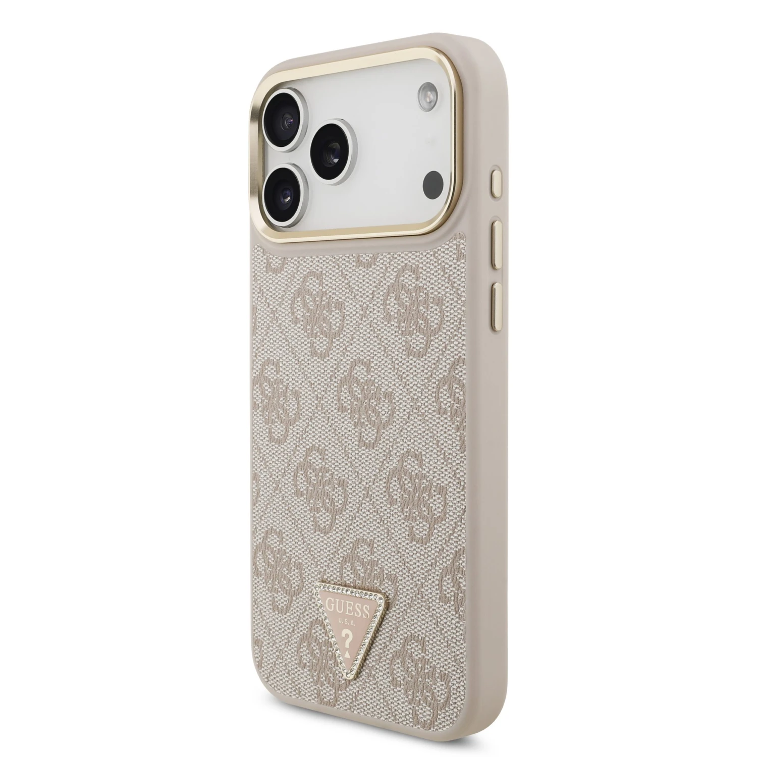 Guess PU Leather 4G Strass Triangle Logo Gold Frame MagSafe Zadní Kryt pro iPhone 18 Pro Max Pink