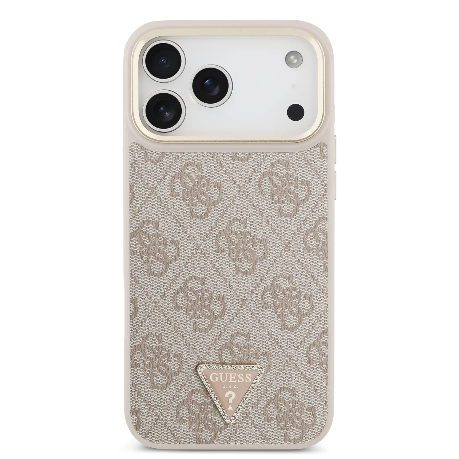 Guess PU Leather 4G Strass Triangle Logo Gold Frame MagSafe Zadní Kryt pro iPhone 18 Pro Max Pink